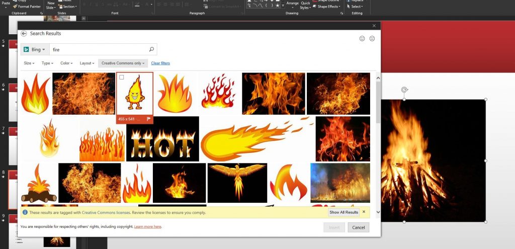 PowerPoint Image search for fire