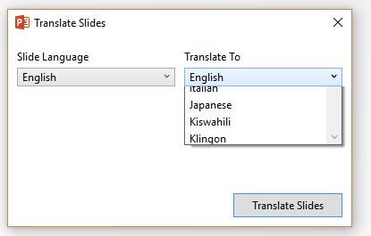 This is a screenshot showing some of the languages you can translate your slides into